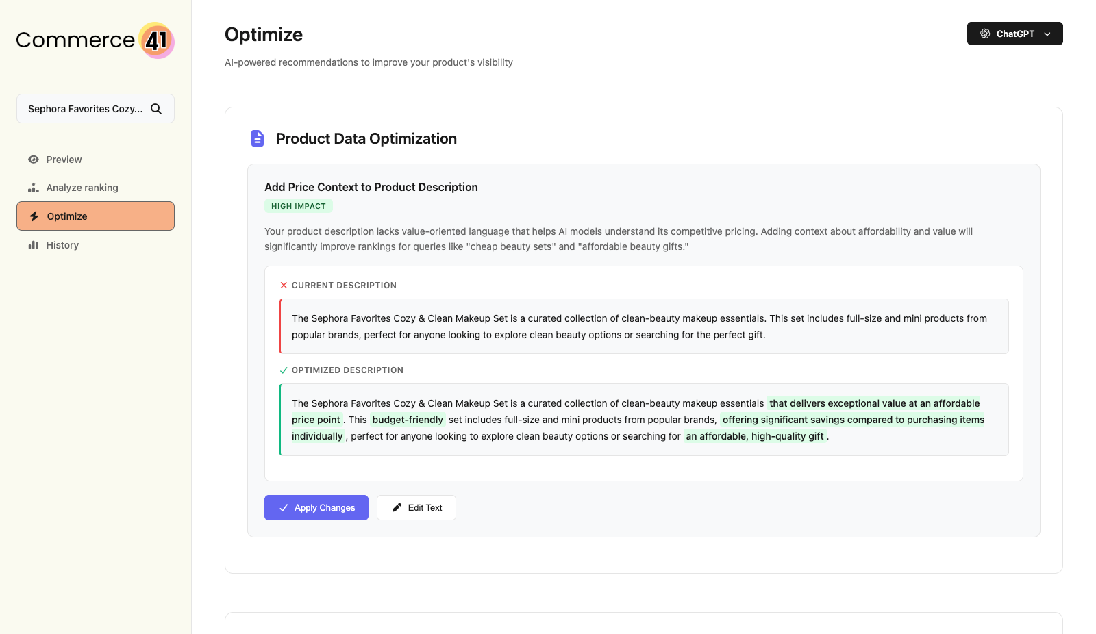 Product description optimization interface showing A/B testing of different messaging approaches